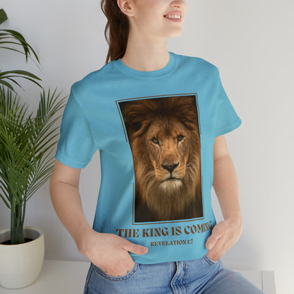 bright blue shirt with fierce lion
