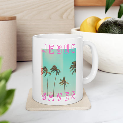 Jesus Saves Mug - Cali Jesus Saves LA Palm Tree Beach SoCal Mug with Handle with kitchen background