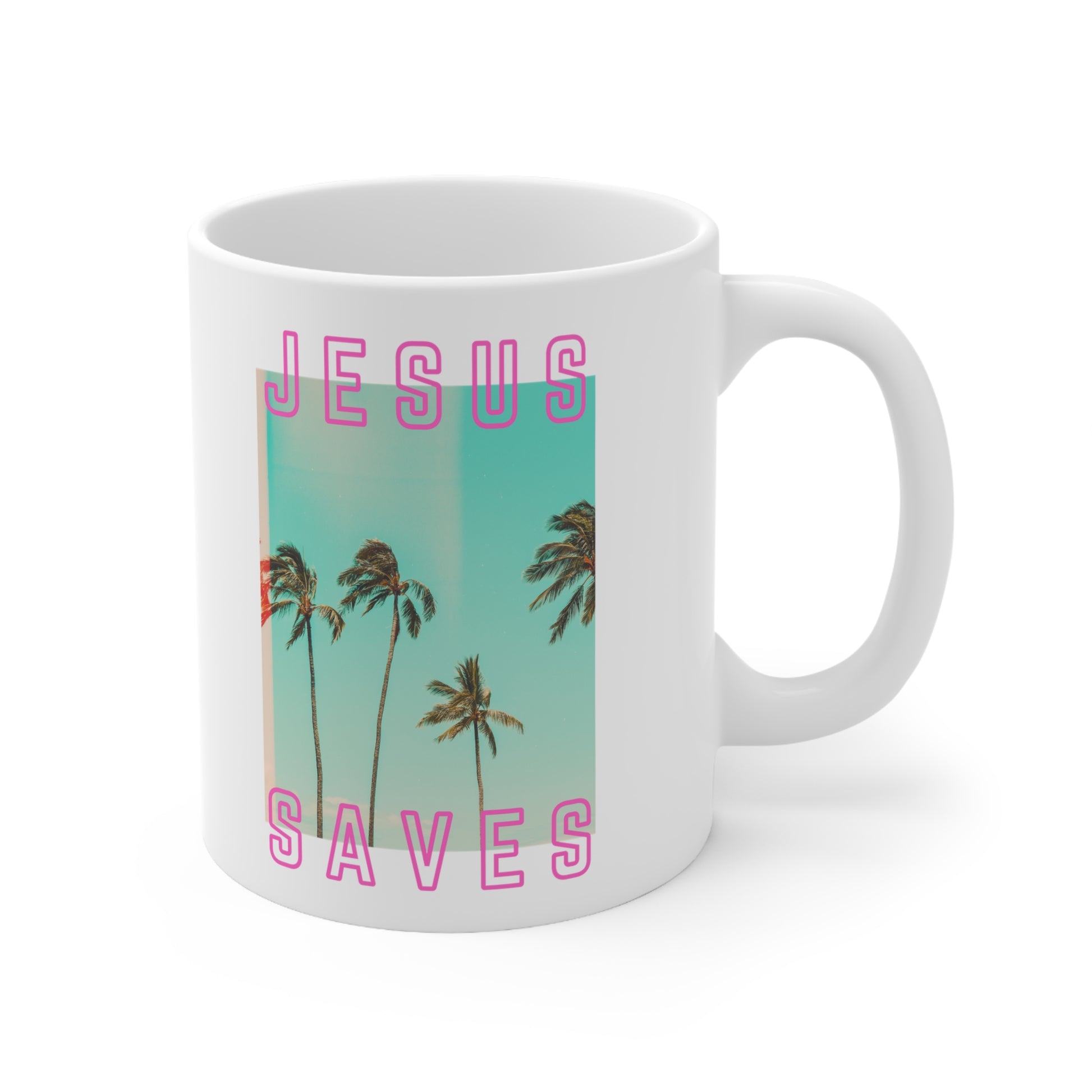 Jesus Saves Mug - Cali Jesus Saves LA Palm Tree Beach SoCal Mug with Handle on white background