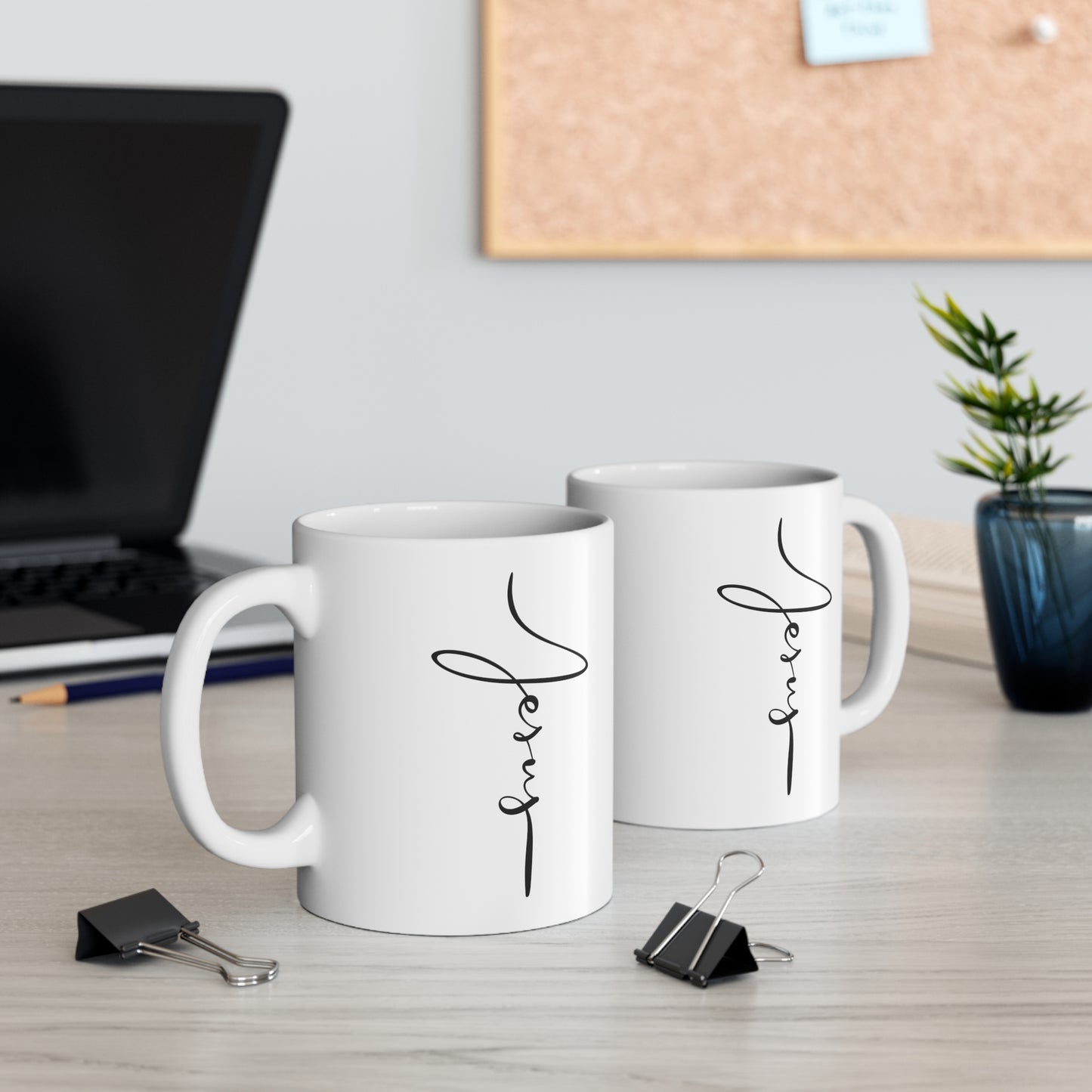 Jesus Mug - Jesus Cursive Handwriting Cross Mug with Handle in office on desk with laptop