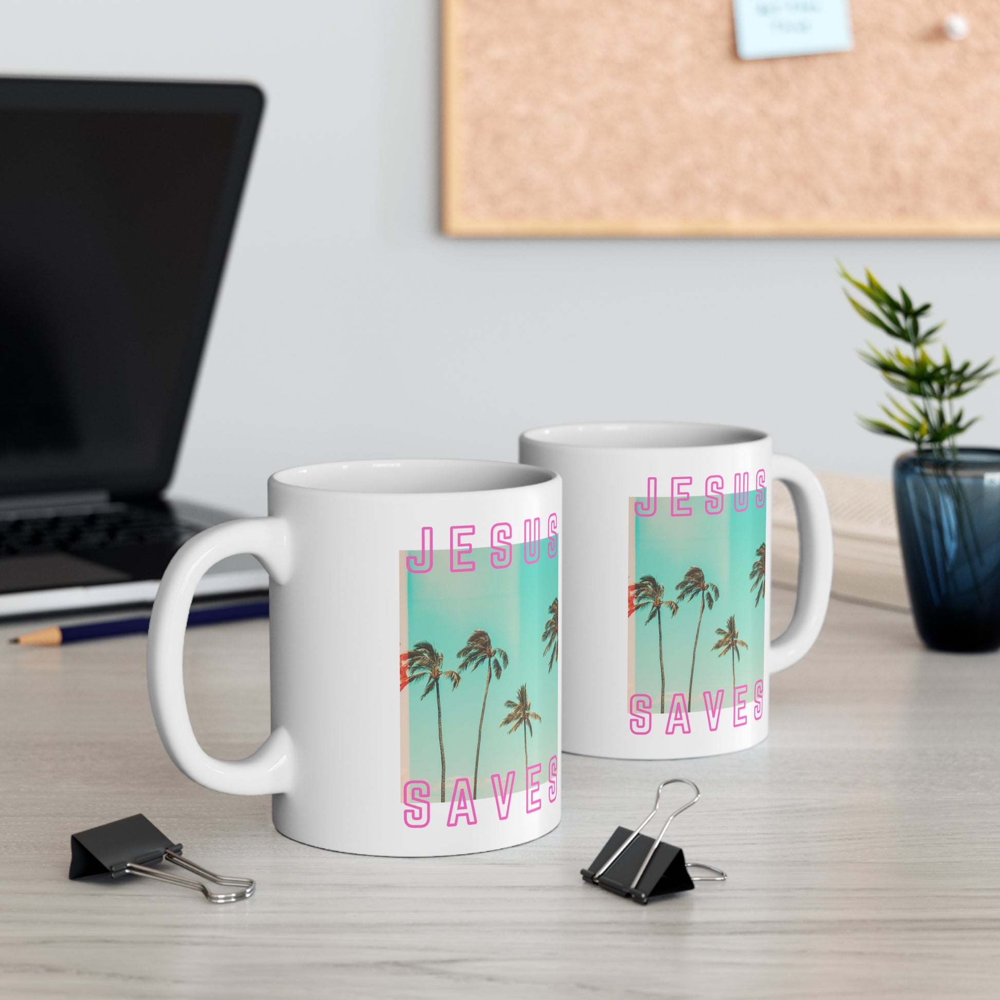 Jesus Saves Mug - Cali Jesus Saves LA Palm Tree Beach SoCal Mug with Handle on desk with laptop
