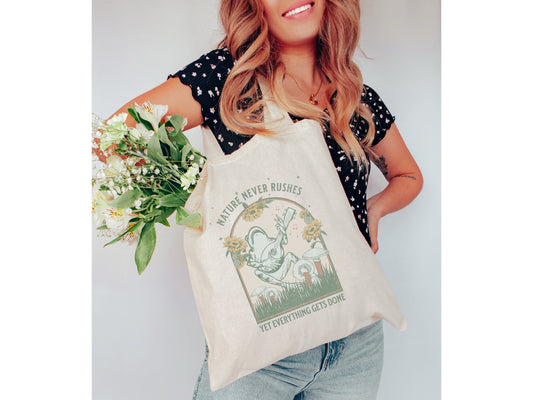 Boho Frog Nature Never Rushes Tote Bag