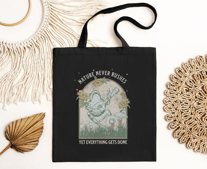 Boho Frog Nature Never Rushes Tote Bag