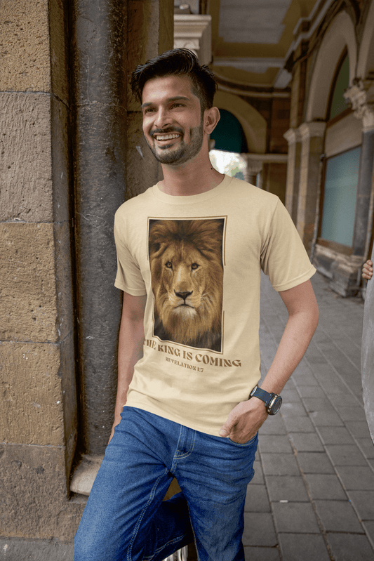 The King Is Coming T-Shirt - Lion Revelation Christian Tee Neutral Colors