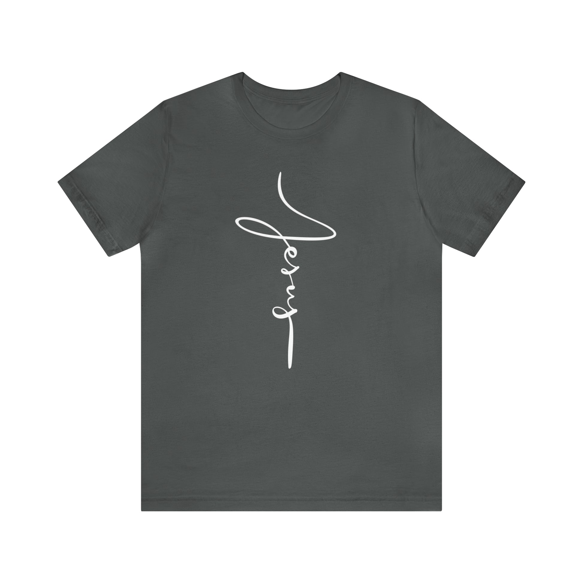 Jesus Cross Christian T-Shirt - Cursive White Font Neutral Color Tees Asphalt on white background