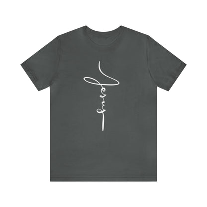 Jesus Cross Christian T-Shirt - Cursive White Font Neutral Color Tees Asphalt on white background