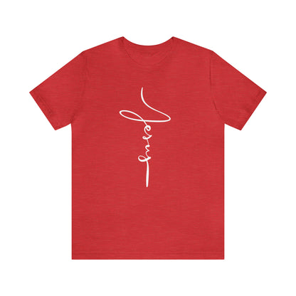 Jesus Cross Christian T-Shirt - Cursive White Font Bright Color Tees - Heather Red on white background