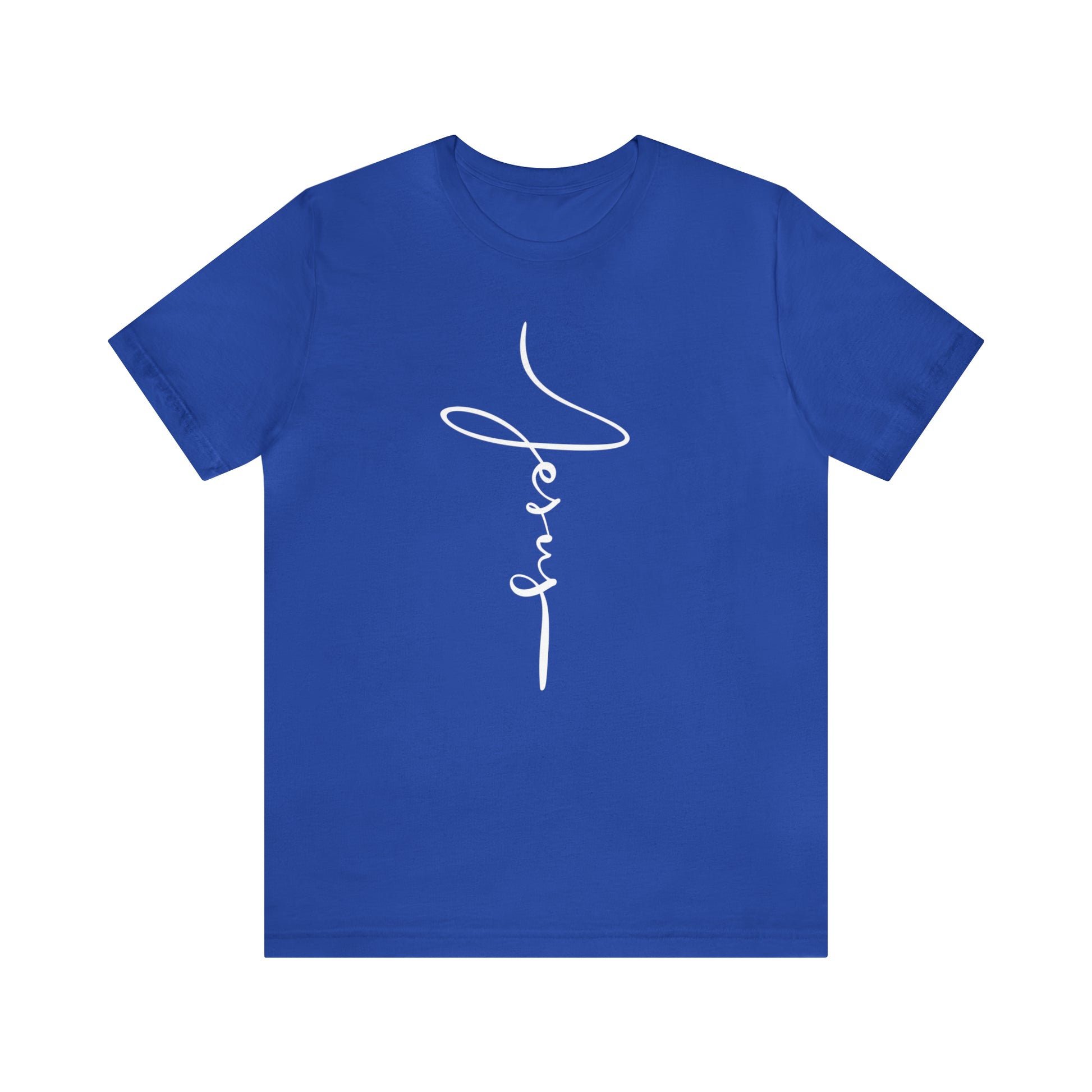 Jesus Cross Christian T-Shirt - Cursive White Font Bright Color Tees - True Royal Blue flatlay