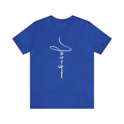 Jesus Cross Christian T-Shirt - Cursive White Font Bright Color Tees - True Royal Blue flatlay