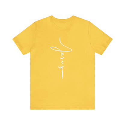 Jesus Cross Christian T-Shirt - Cursive White Font Bright Color Tees - Yellow on white background