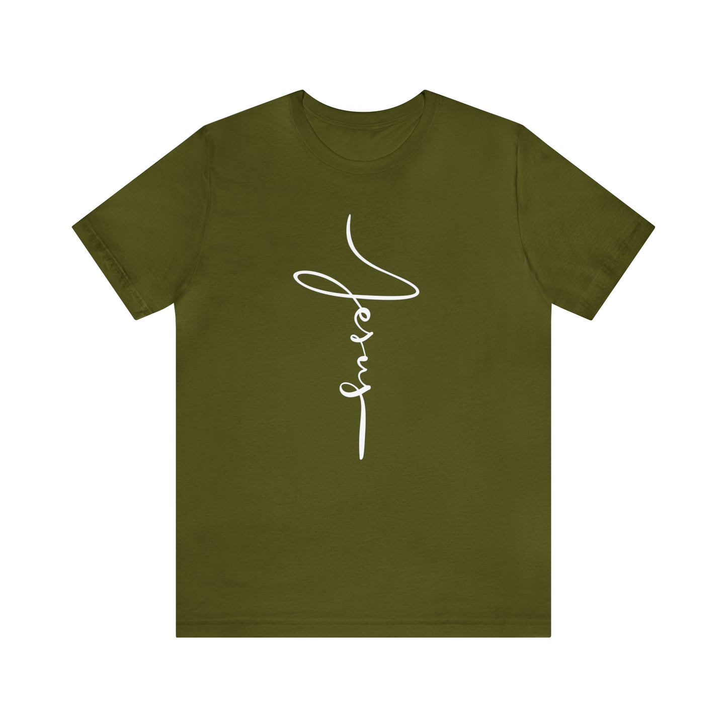 Jesus Cross Christian T-Shirt - Cursive White Font Neutral Color Tees Olive mockup
