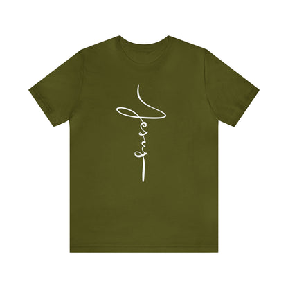 Jesus Cross Christian T-Shirt - Cursive White Font Neutral Color Tees Olive mockup