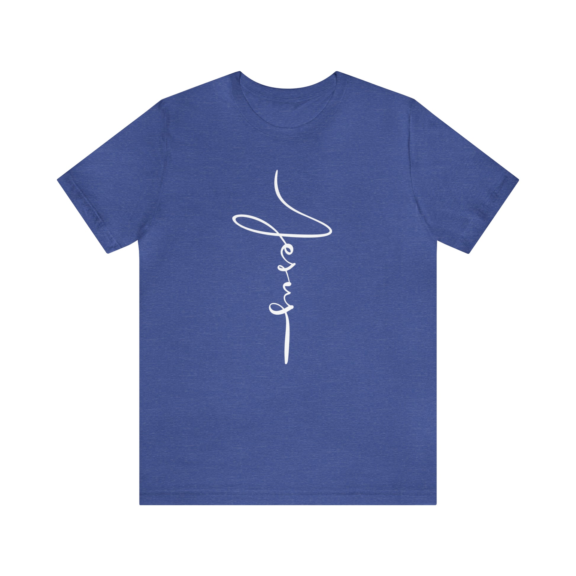 Jesus Cross Christian T-Shirt - Cursive White Font Bright Color Tees - Heather True Royal Blue flatlay