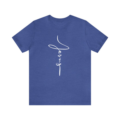 Jesus Cross Christian T-Shirt - Cursive White Font Bright Color Tees - Heather True Royal Blue flatlay