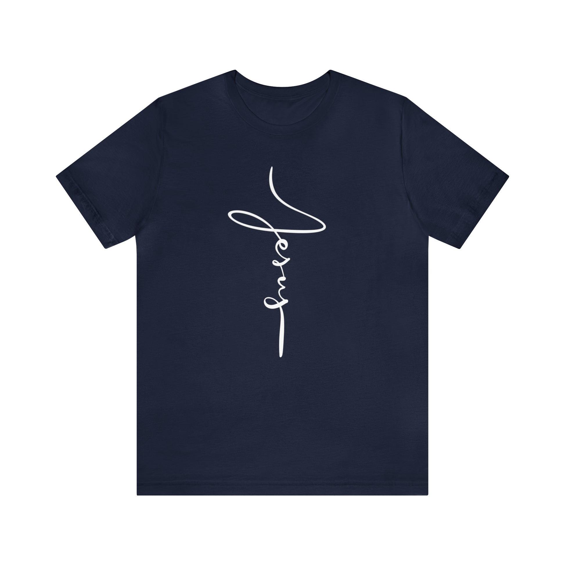 Jesus Cross Christian T-Shirt - Cursive White Font Neutral Color Tees Navy flatlay