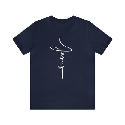Jesus Cross Christian T-Shirt - Cursive White Font Neutral Color Tees Navy flatlay