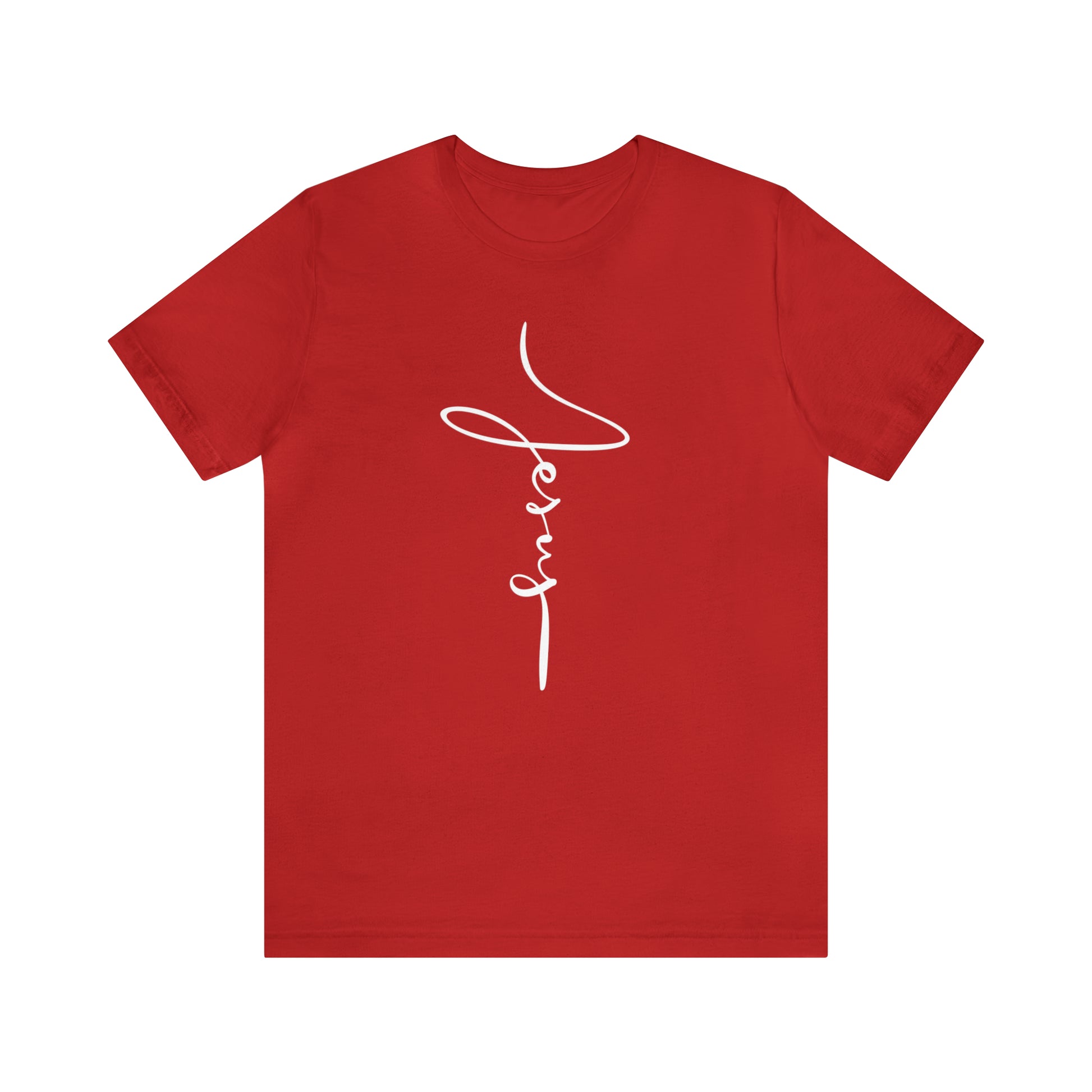 Jesus Cross Christian T-Shirt - Cursive White Font Bright Color Tees - Red on white background