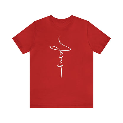 Jesus Cross Christian T-Shirt - Cursive White Font Bright Color Tees - Red on white background