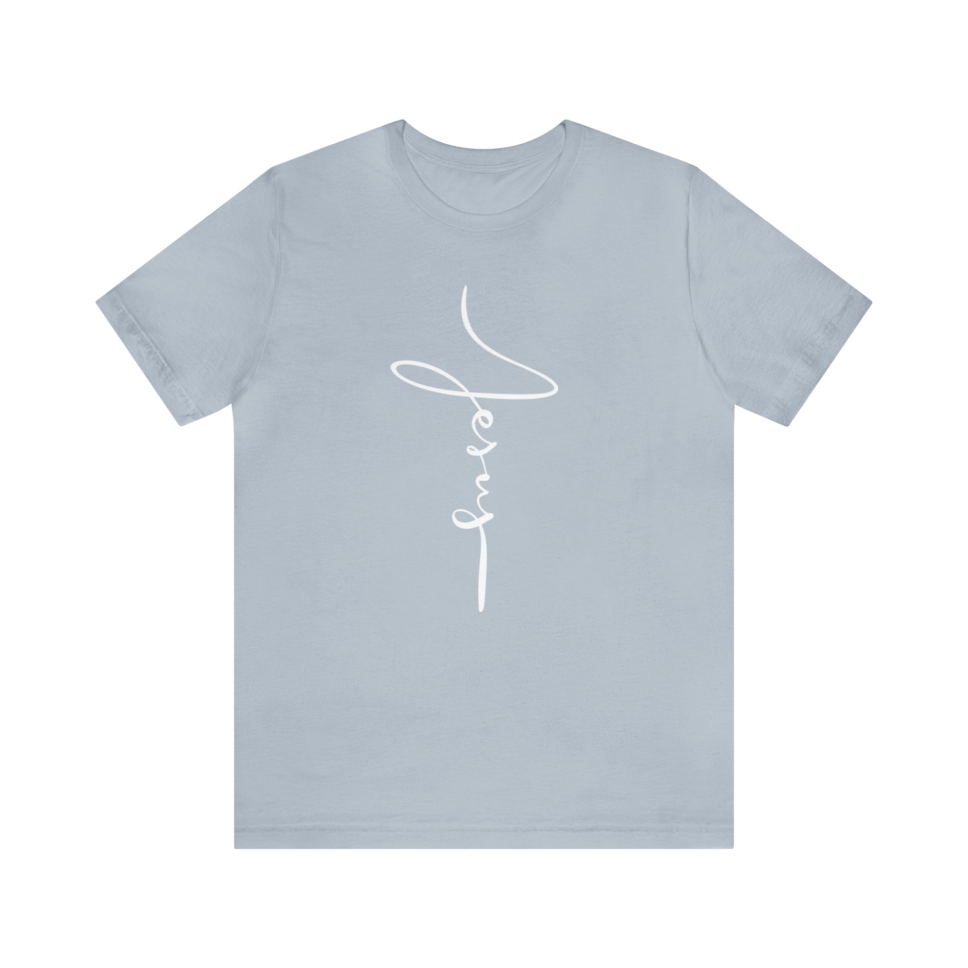 Jesus Cross Christian T-Shirt - Cursive White Font Neutral Color Tees Light Blue mockup
