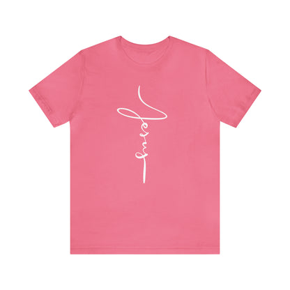 Jesus Cross Christian T-Shirt - Cursive White Font Bright Color Tees - Charity Pink mockup