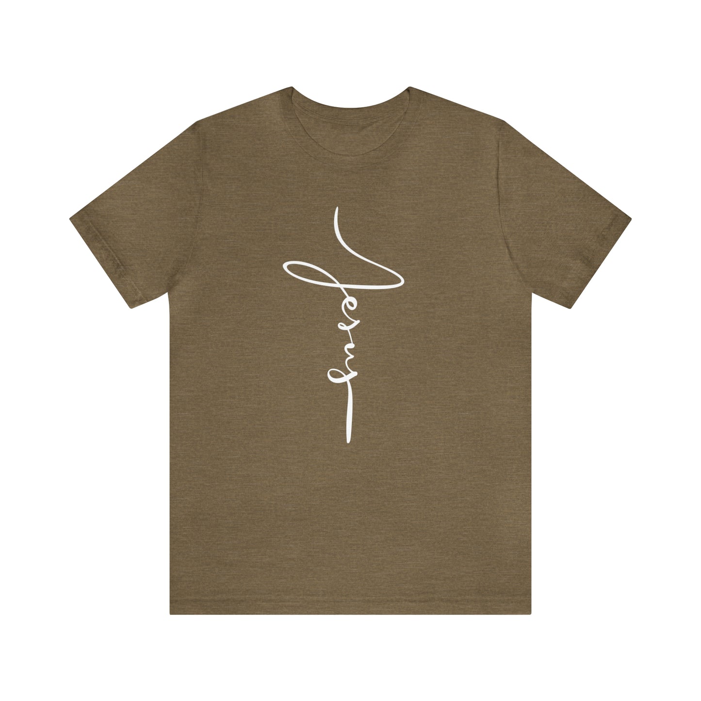 Jesus Cross Christian T-Shirt - Cursive White Font Neutral Color Tees Heather Olive flatlay