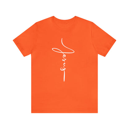 Jesus Cross Christian T-Shirt - Cursive White Font Bright Color Tees - Orange