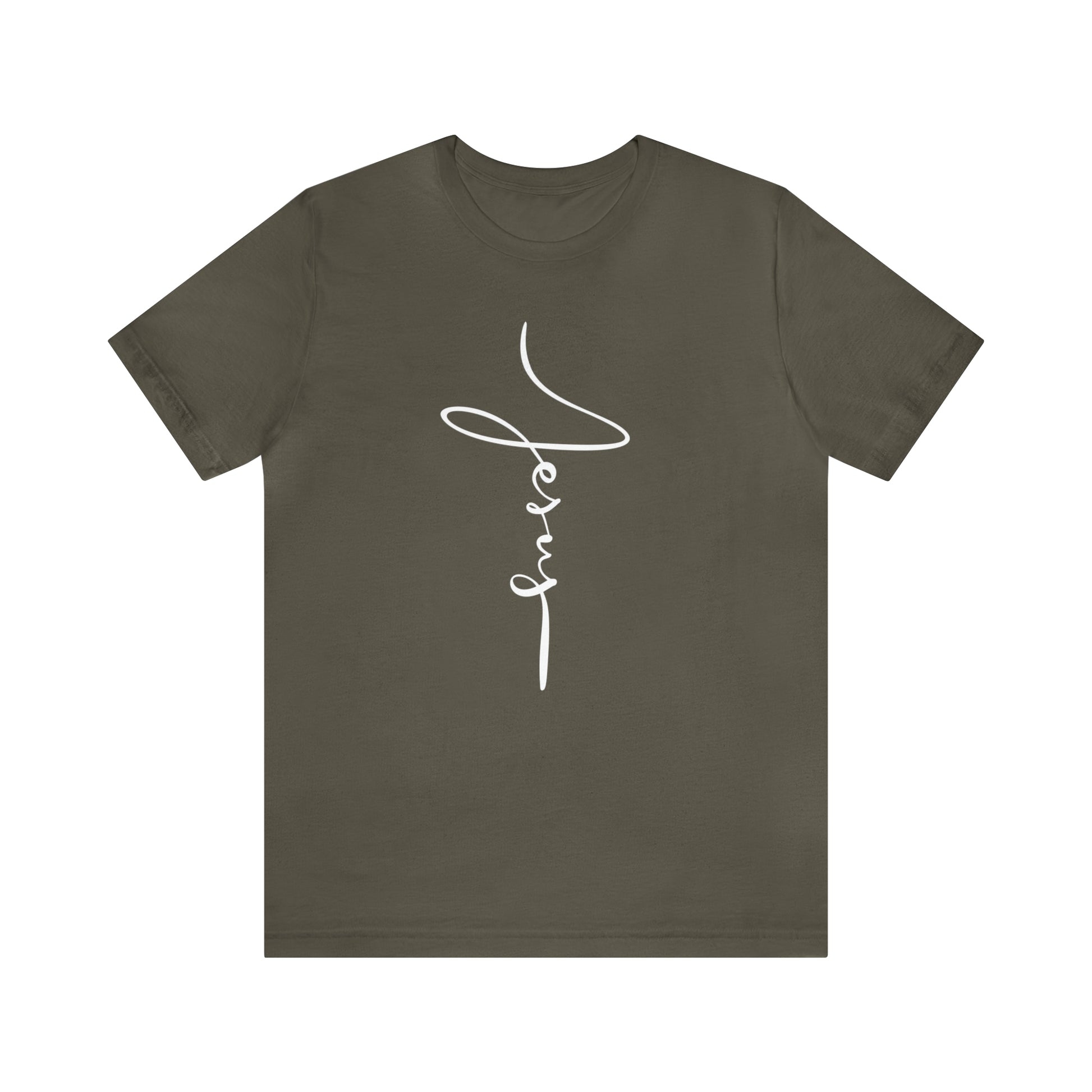 Jesus Cross Christian T-Shirt - Cursive White Font Neutral Color Tees Army mockup