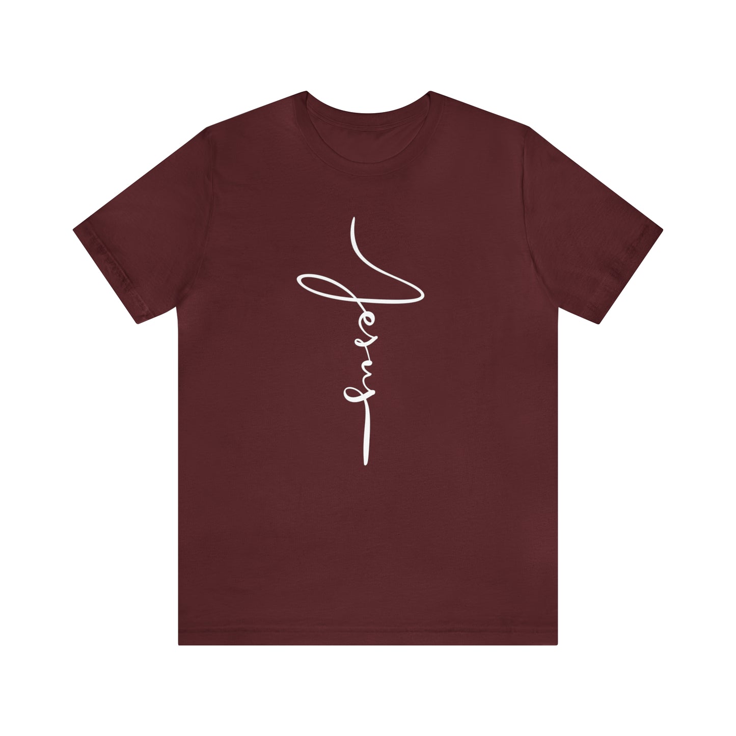 Jesus Cross Christian T-Shirt - Cursive White Font Bright Color Tees - Maroon on white background