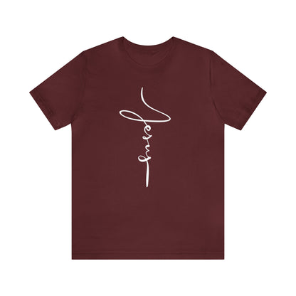 Jesus Cross Christian T-Shirt - Cursive White Font Bright Color Tees - Maroon on white background