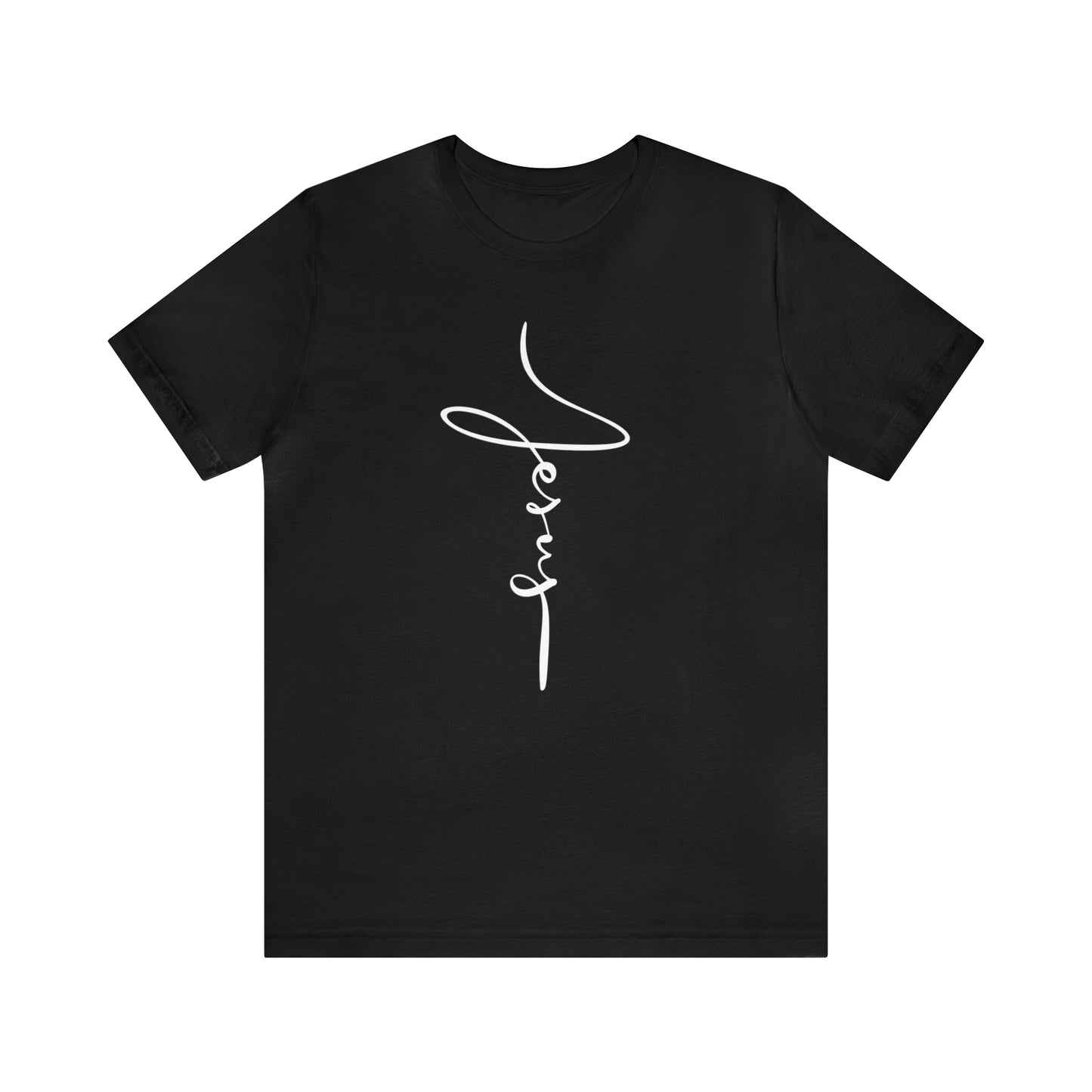Jesus Cross Christian T-Shirt - Cursive White Font Neutral Color Tees Black mockup