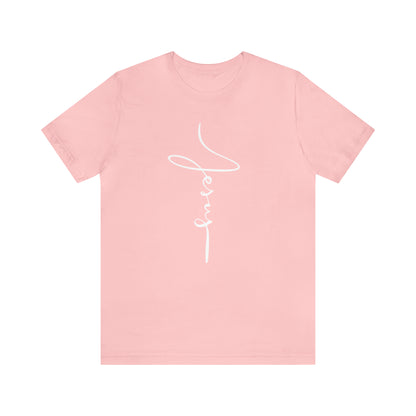 Jesus Cross Christian T-Shirt - Cursive White Font Bright Color Tees - Pink mockup