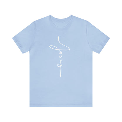 Jesus Cross Christian T-Shirt - Cursive White Font Bright Color Tees - Baby blue flatlay