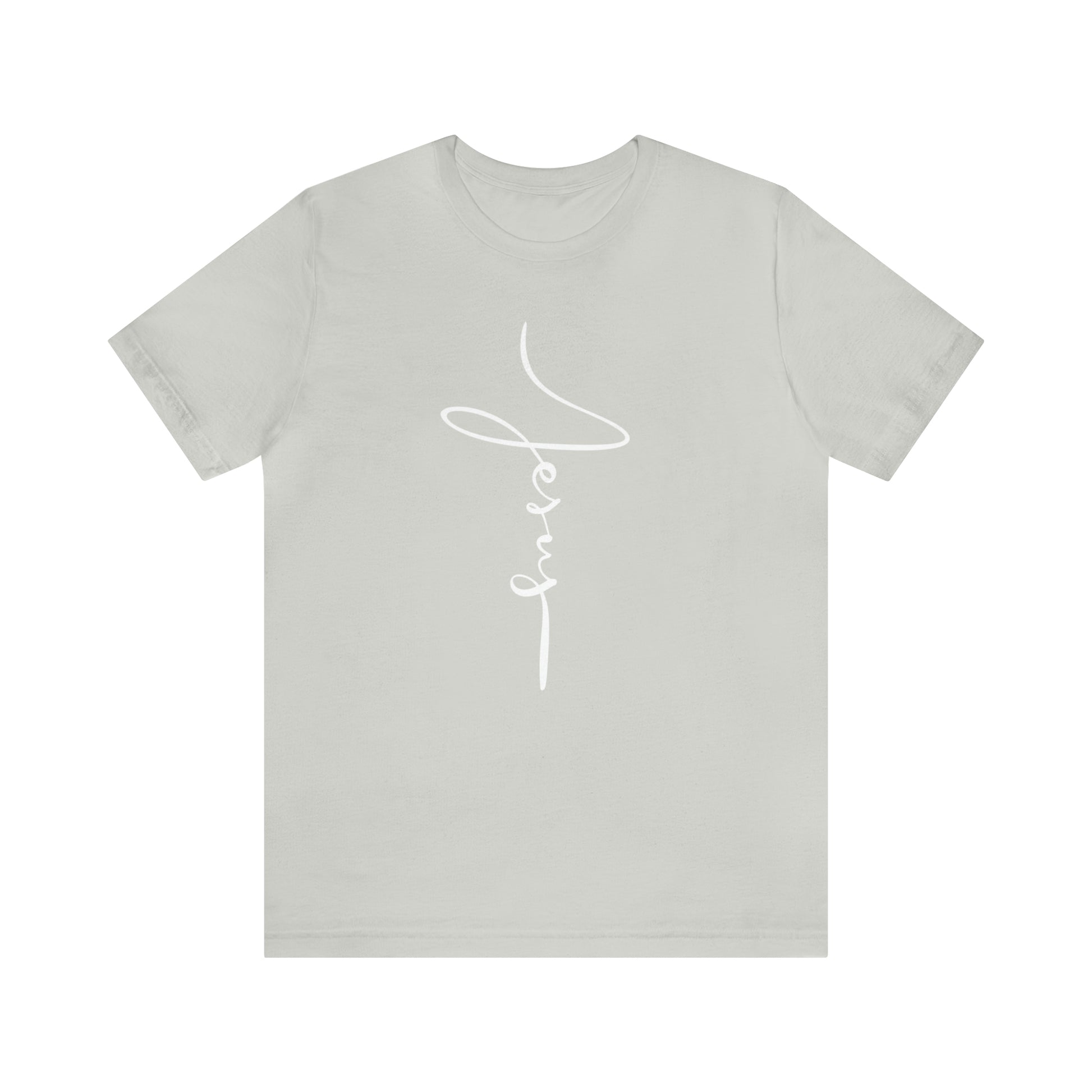 Jesus Cross Christian T-Shirt - Cursive White Font Neutral Color Tees Silver flatlay