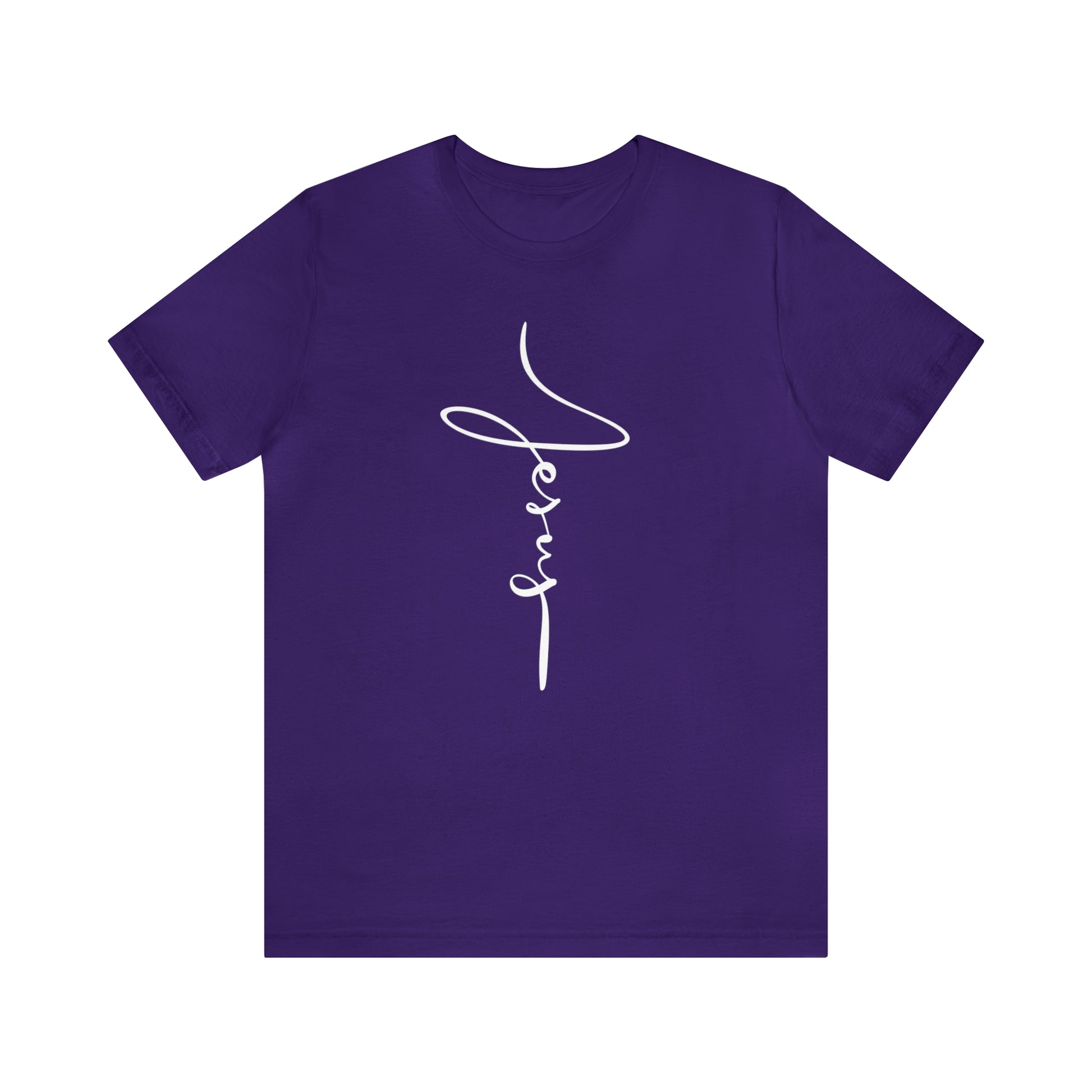Jesus Cross Christian T-Shirt - Cursive White Font Bright Color Tees - Team Purple flatlay