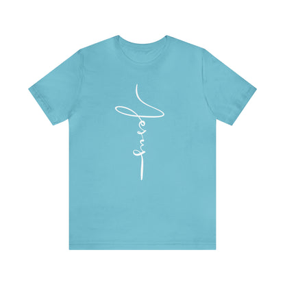 Jesus Cross Christian T-Shirt - Cursive White Font Bright Color Tees - Turquoise on white background