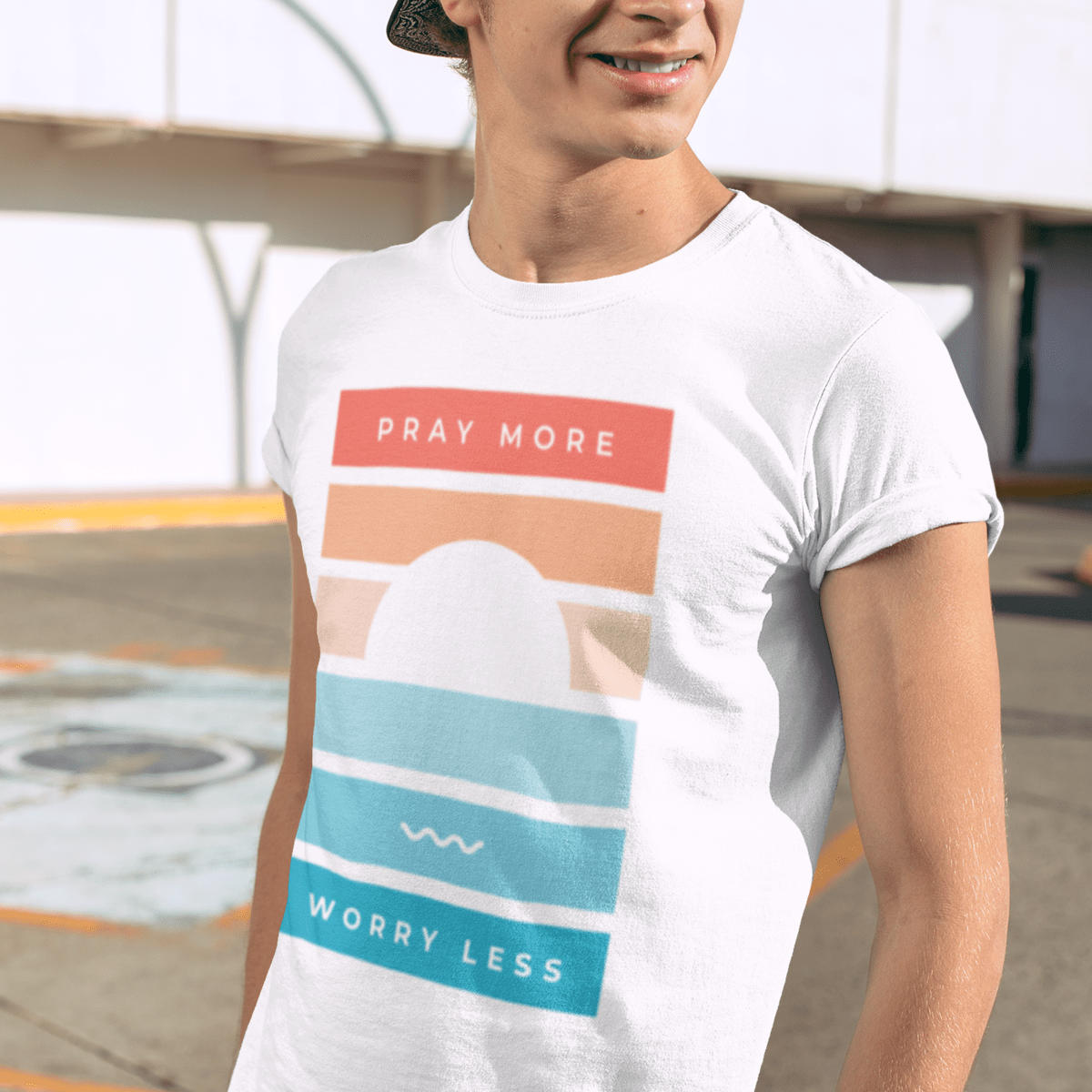 Pray More Worry Less T-Shirt - Sunset Graphic Christian Tee