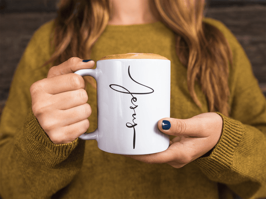 Jesus Mug - Jesus Cursive Handwriting Cross Mug with Handle held in woman's hands