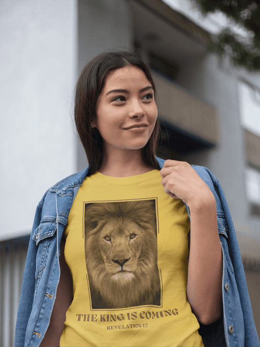 The King Is Coming T-Shirt - Lion Revelation Christian Tee on an asian woman with a jean jacket